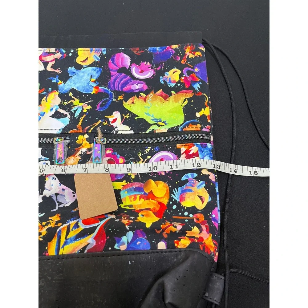 Handmade Character Watercolor Drawstring Backpack Black Cork Base Zipper Pocket